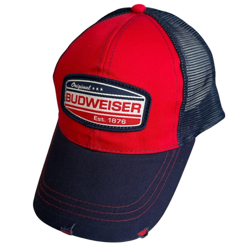 BUDWEISER Red Blue Snapback Trucker Cap Hat Patch Logo and factory distressing